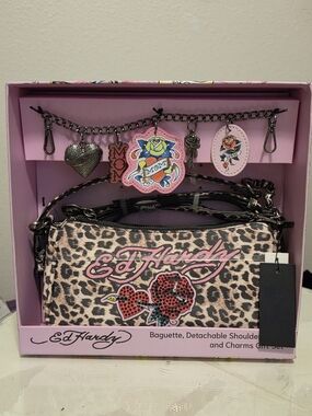 Ed Hardy Pink Leopard Print Baguette Shoulder Bag with Charms